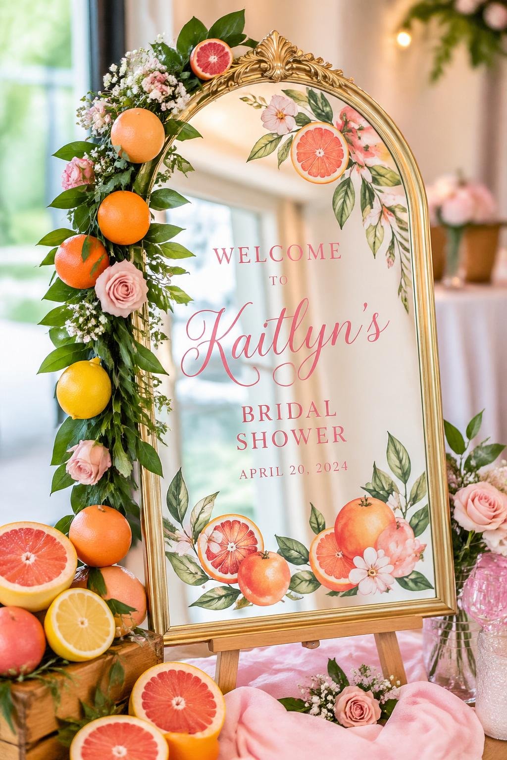 A welcome mirror sign surrounded by fresh citrus fruits and floral decorations in pink and orange tones.