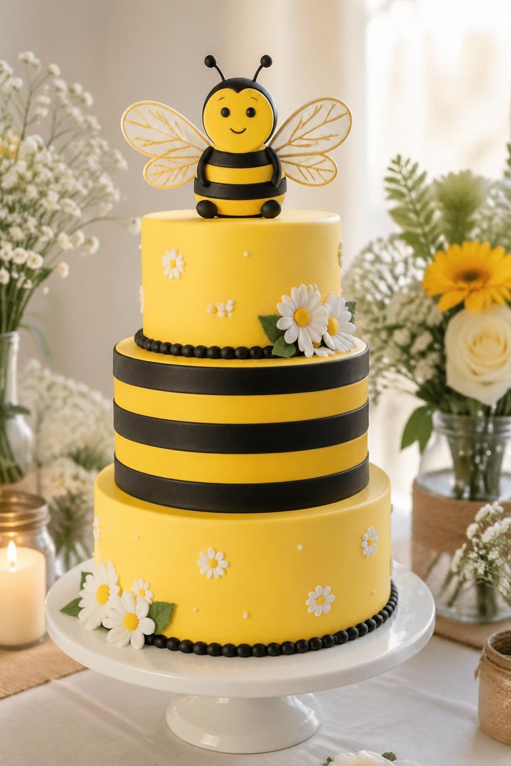 Yellow and black striped bridal shower cake topped with a bee-shaped decoration on a white cake stand.