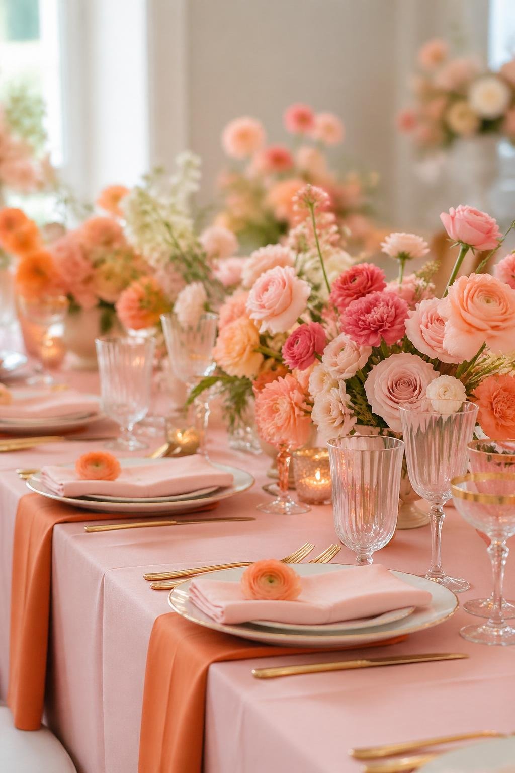A bridal shower table set with blush pink linens and orange runners, decorated with pink and orange flowers, glassware, and fine china.