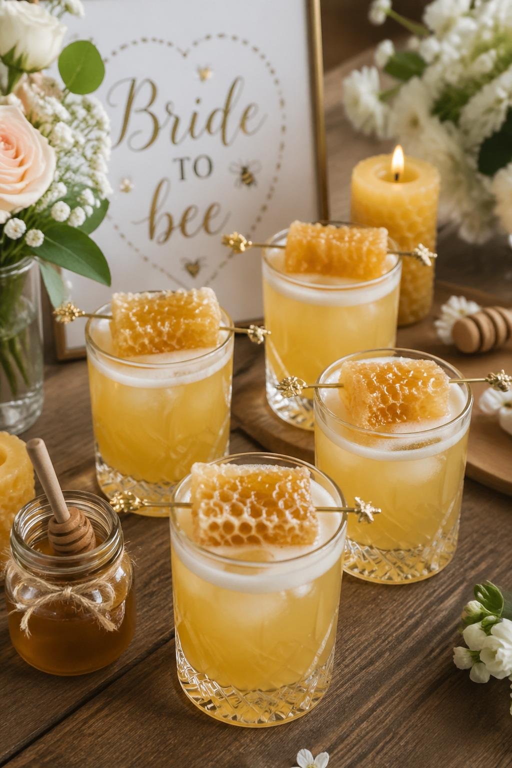 Honey cocktails garnished with real honeycomb arranged on a wooden table with bridal shower decorations.