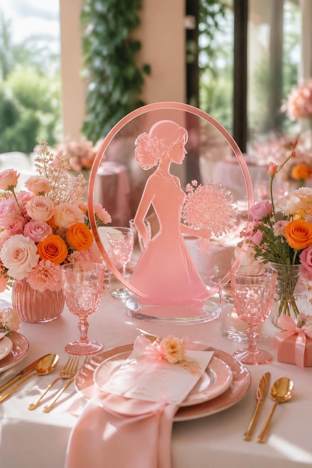 A bridal shower table decorated with pink and orange flowers, ribbons, and elegant table settings featuring a pink acrylic sign.