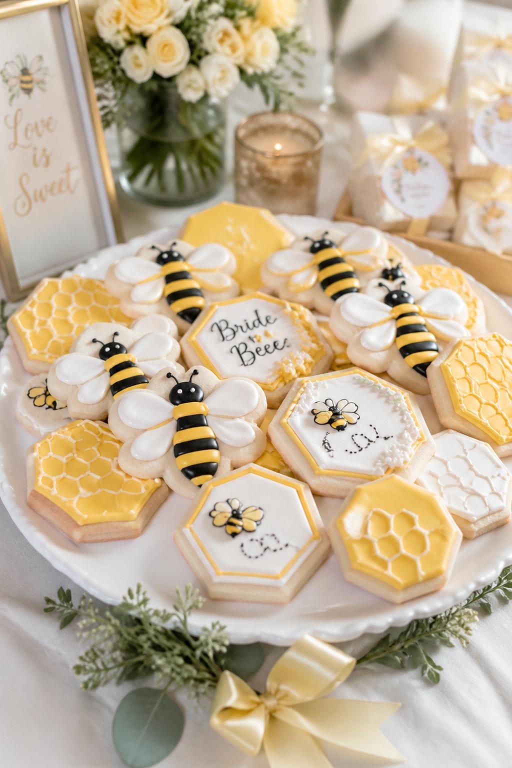 A table with bee and honeycomb shaped sugar cookies decorated with yellow and black icing, surrounded by flowers and ribbons.