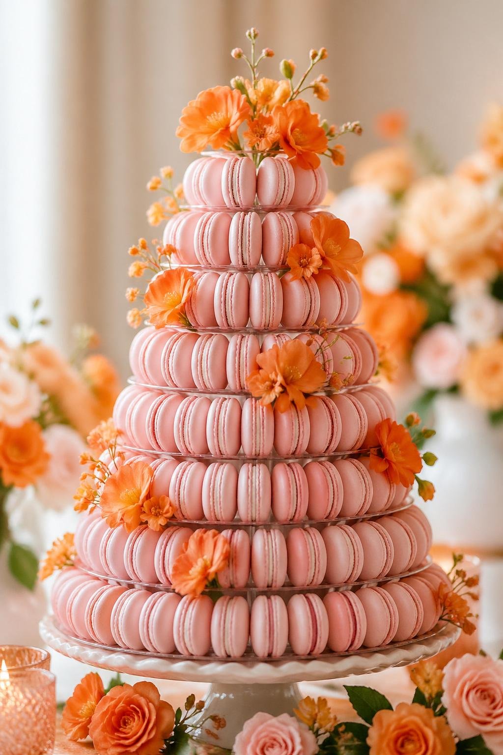 A pink macaron tower decorated with orange flowers on a softly blurred background.