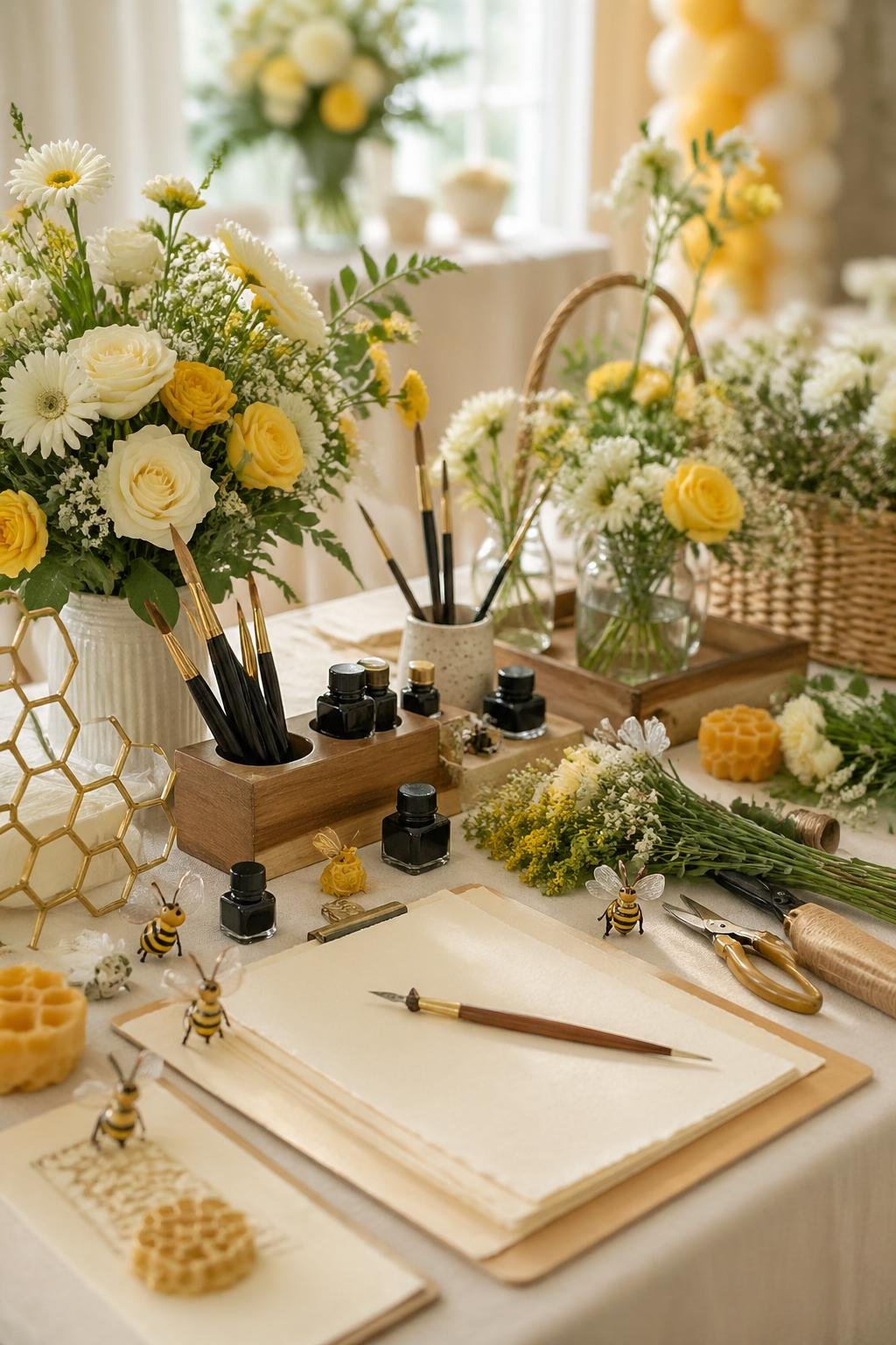 A bridal shower activity station with calligraphy supplies and flower arranging materials decorated with bee-themed accents.