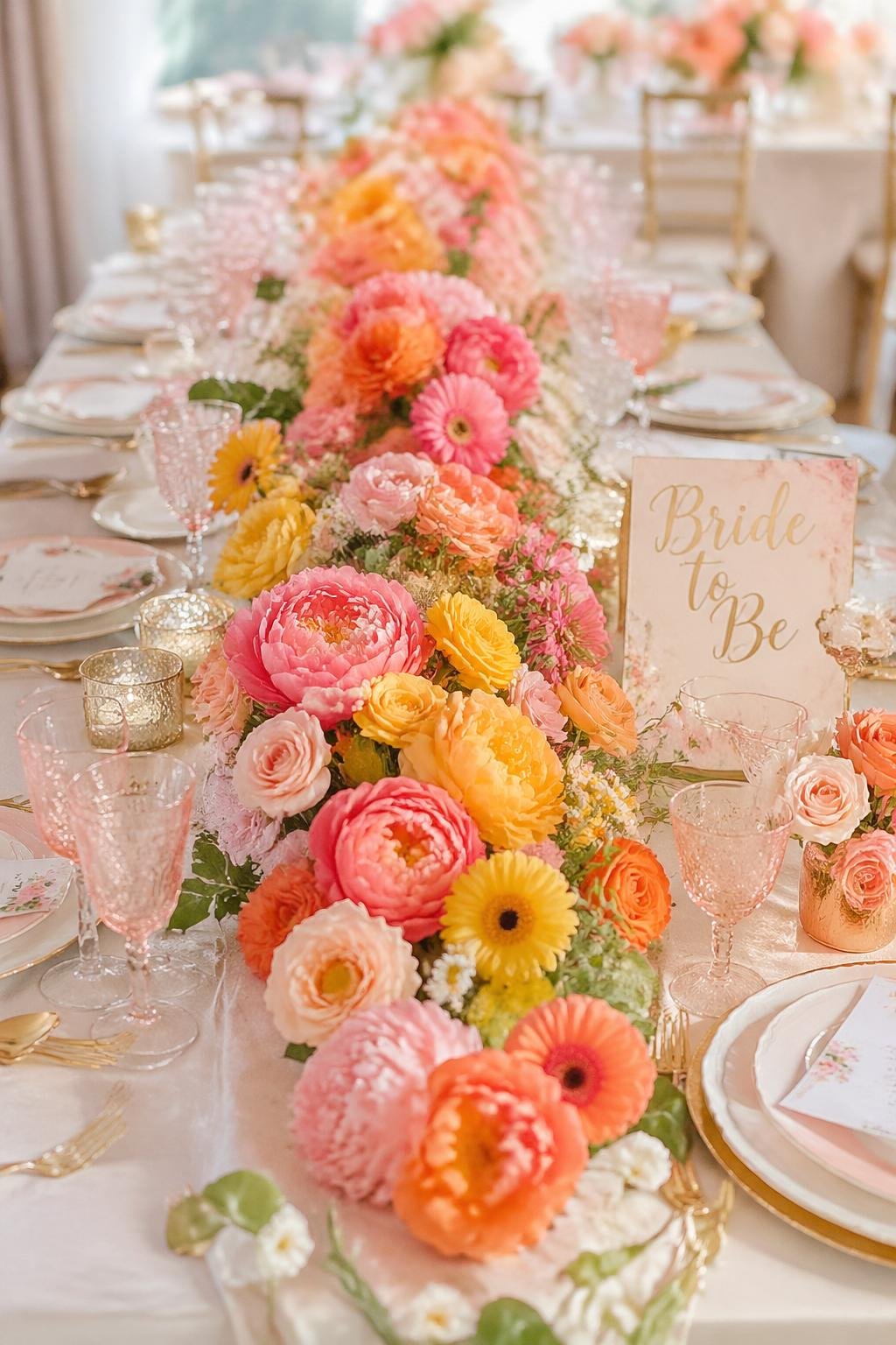 A table set for a bridal shower with a colorful floral table runner in orange, pink, and yellow, surrounded by matching flowers and tableware.