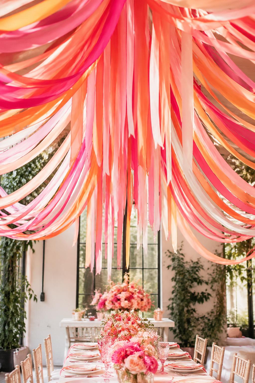 A colorful bridal shower decoration with pink and orange streamers hanging from the ceiling.