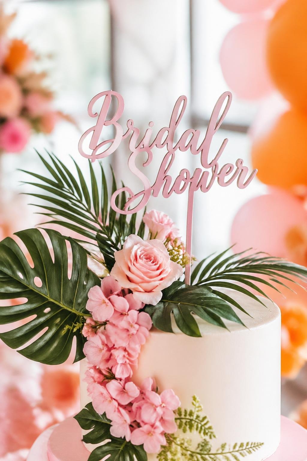 A pink bridal shower cake topper decorated with silk pink flowers and green palm leaves on a cake surrounded by pink and orange decorations.