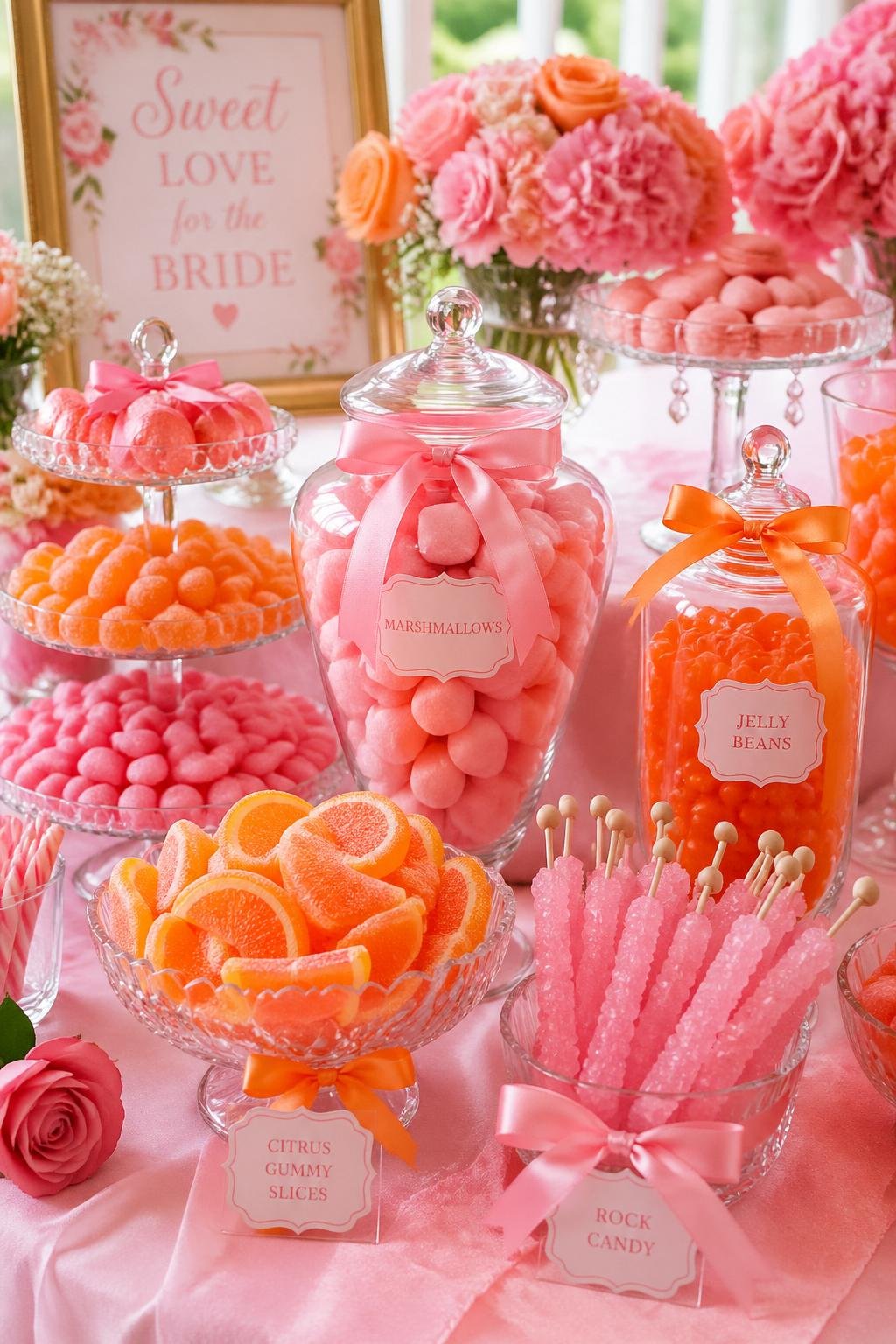 A table with jars and bowls filled with pink and orange candies arranged for a bridal shower.