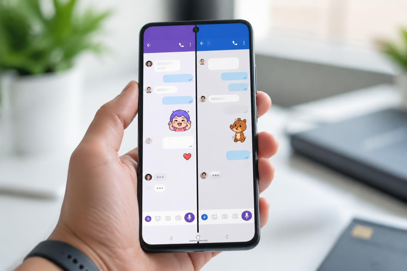 Kako Koristiti Dva Viber Broja na Istom Telefonu? Opcije Ruka drži pametni telefon sa prikazom dve aktivne Viber aplikacije na ekranu.