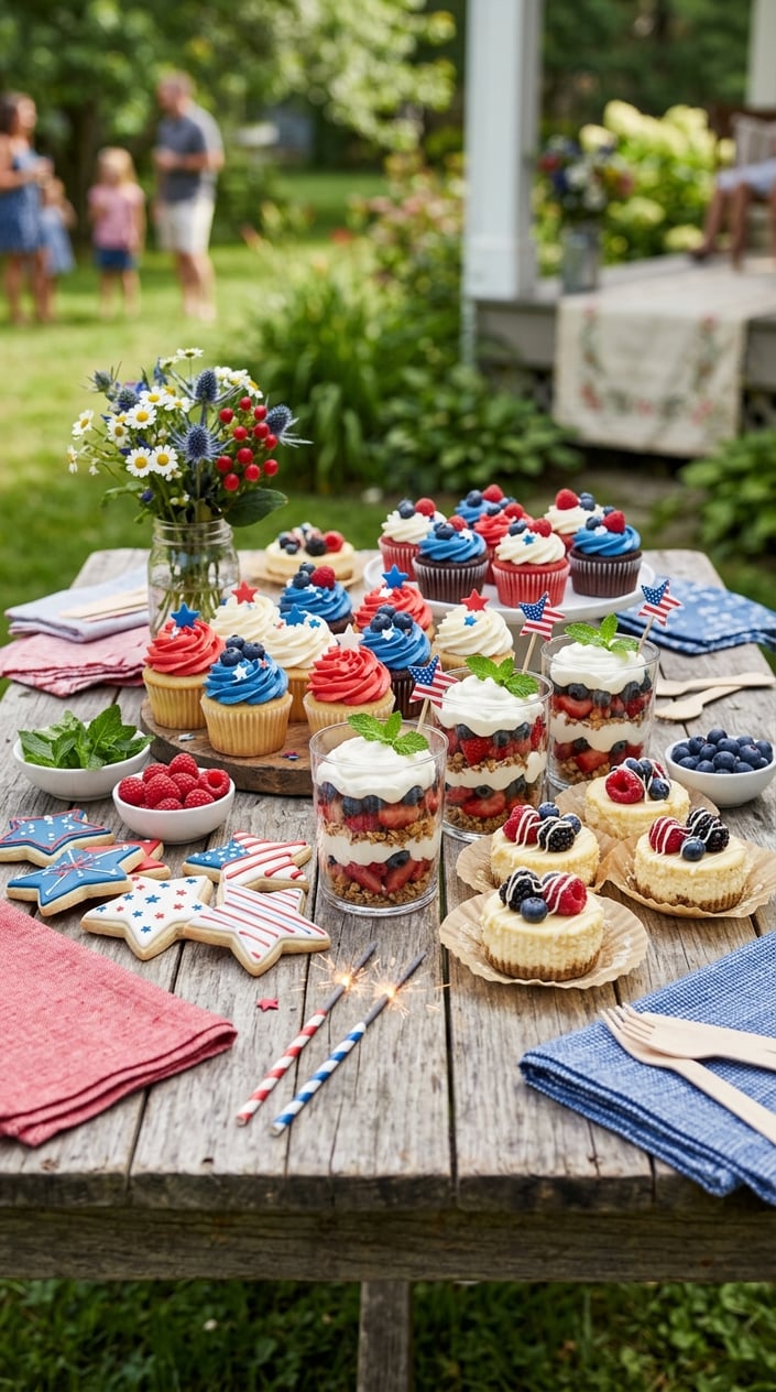 21 Fourth of July Desserts That Look Patriotic Without Going Full Flag Cake 1 A selection of red, white, and blue Fourth of July desserts including cupcakes, parfaits, cheesecakes, and cookies arranged on a wooden table with berries and festive decorations.