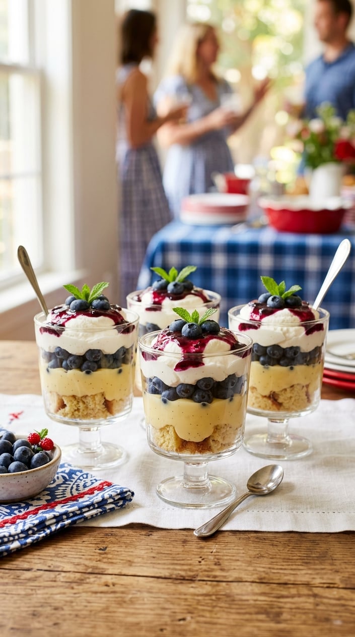 21 Fourth of July Desserts That Look Patriotic Without Going Full Flag Cake 2 Individual cups of berry trifle layered with custard, whipped cream, and blueberry sauce on a table with subtle red, white, and blue decorations.