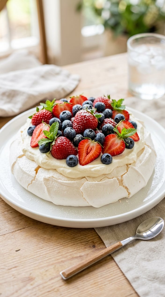 21 Fourth of July Desserts That Look Patriotic Without Going Full Flag Cake 3 A pavlova dessert topped with whipped cream, strawberries, and blueberries on a white plate.