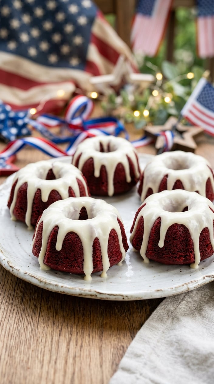 21 Fourth of July Desserts That Look Patriotic Without Going Full Flag Cake 4 Close-up of red velvet mini bundt cakes with cream cheese glaze on a white plate, surrounded by subtle Fourth of July decorations.
