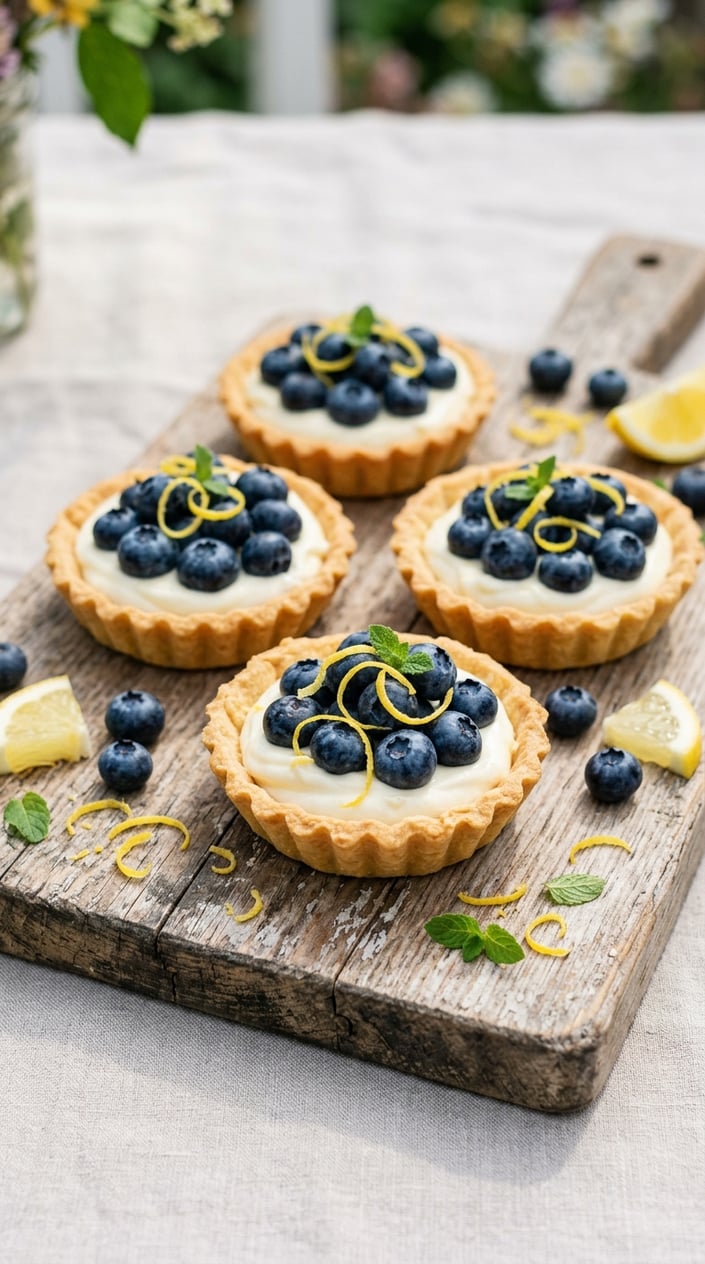 21 Fourth of July Desserts That Look Patriotic Without Going Full Flag Cake 5 Close-up of blueberry lemon mascarpone tartlets on a wooden board with fresh blueberries and lemon slices around them.