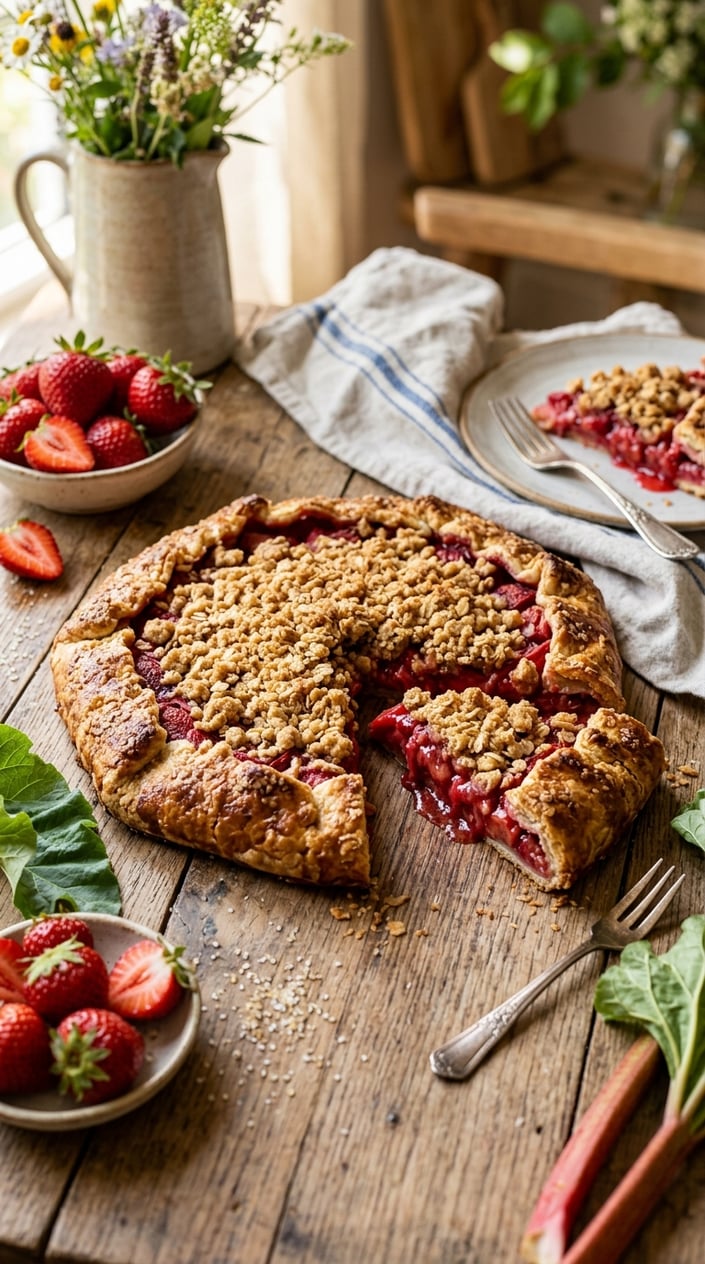 21 Fourth of July Desserts That Look Patriotic Without Going Full Flag Cake 6 A sliced strawberry-rhubarb galette with crumble topping on a wooden surface, surrounded by fresh strawberries and rhubarb.