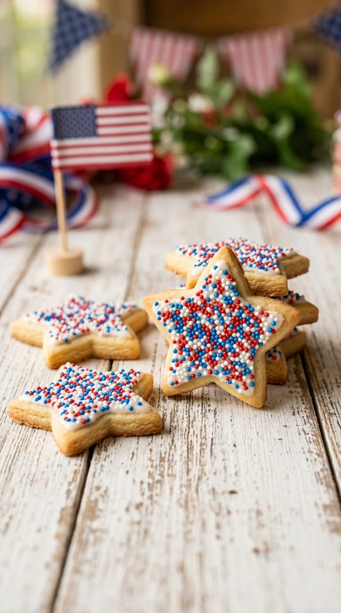 21 Fourth of July Desserts That Look Patriotic Without Going Full Flag Cake 7 Star-shaped sugar cookies with red, white, and blue sprinkles arranged on a white wooden surface with patriotic decorations in the background.