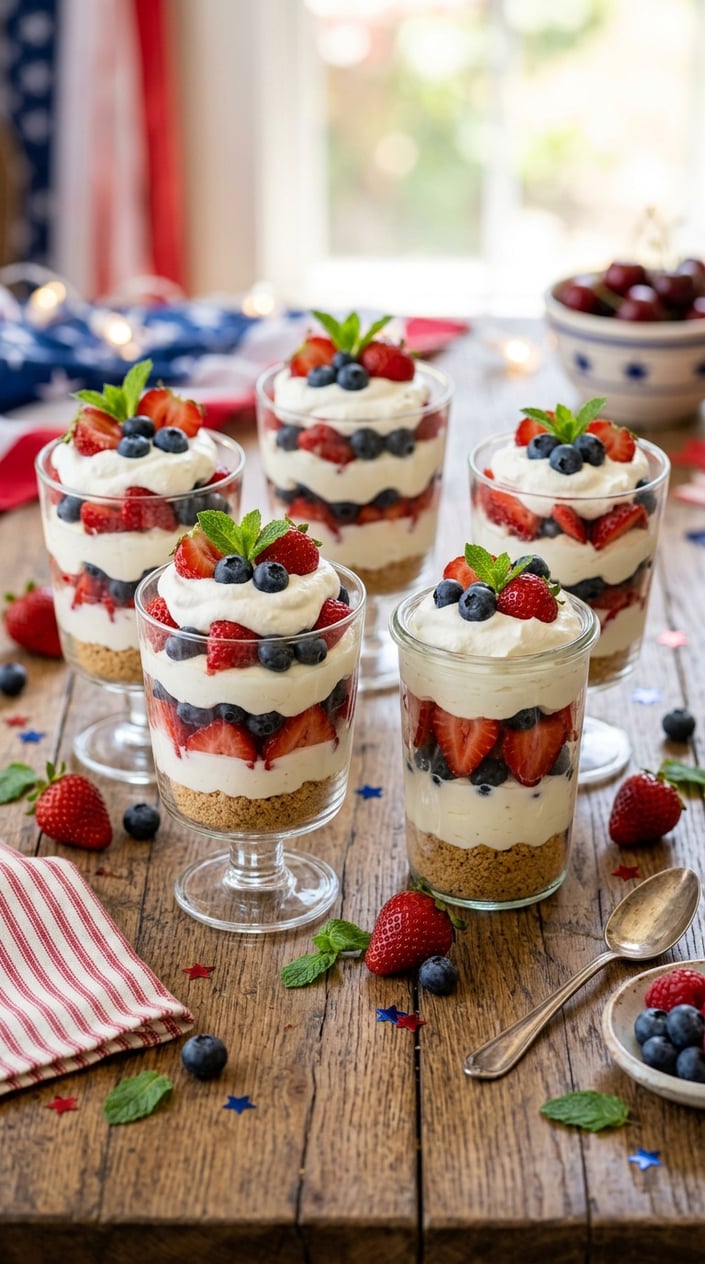 21 Fourth of July Desserts That Look Patriotic Without Going Full Flag Cake 8 Three no-bake berry cheesecake parfaits in clear glasses with layers of creamy filling, strawberries, blueberries, and whipped cream on a wooden table with small star decorations.