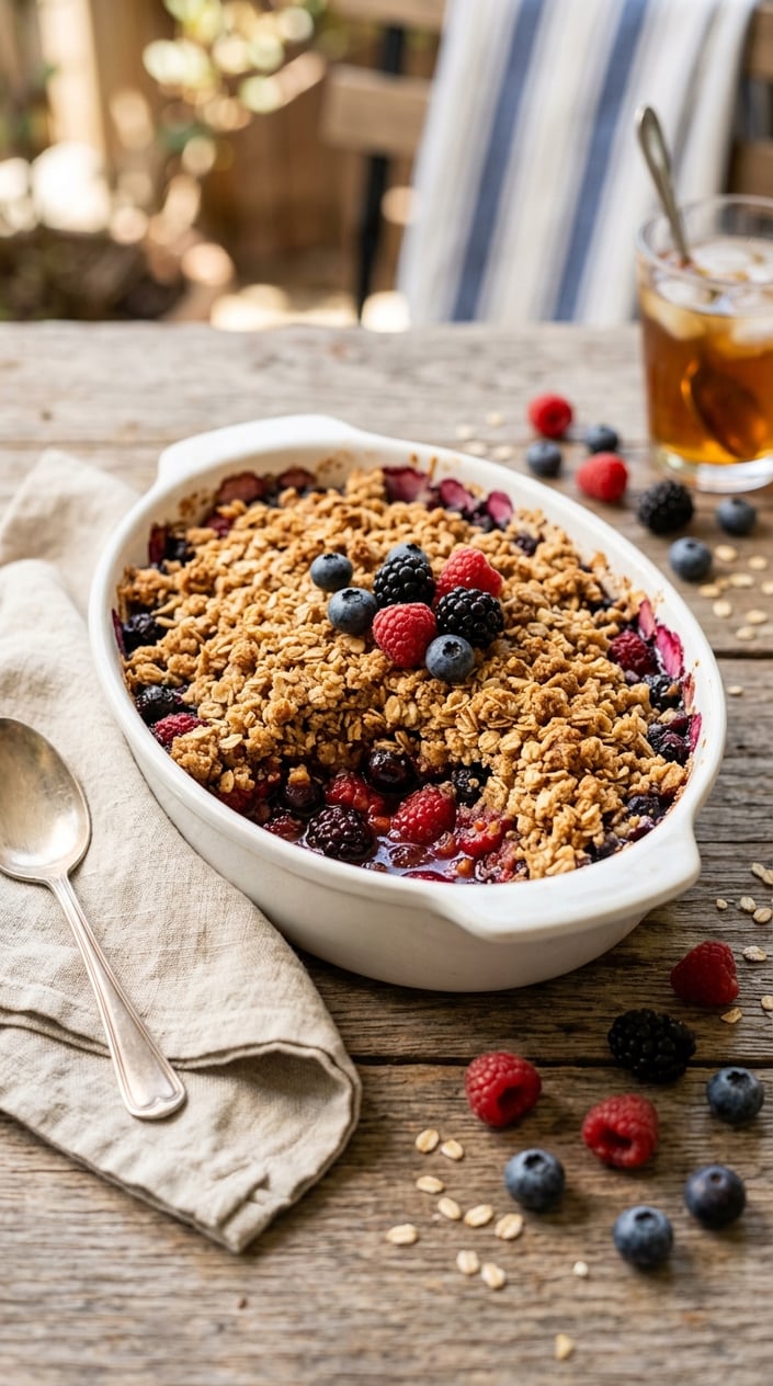 21 Fourth of July Desserts That Look Patriotic Without Going Full Flag Cake 9 A freshly baked berry crisp with oat topping in a white baking dish on a wooden table, surrounded by scattered berries.