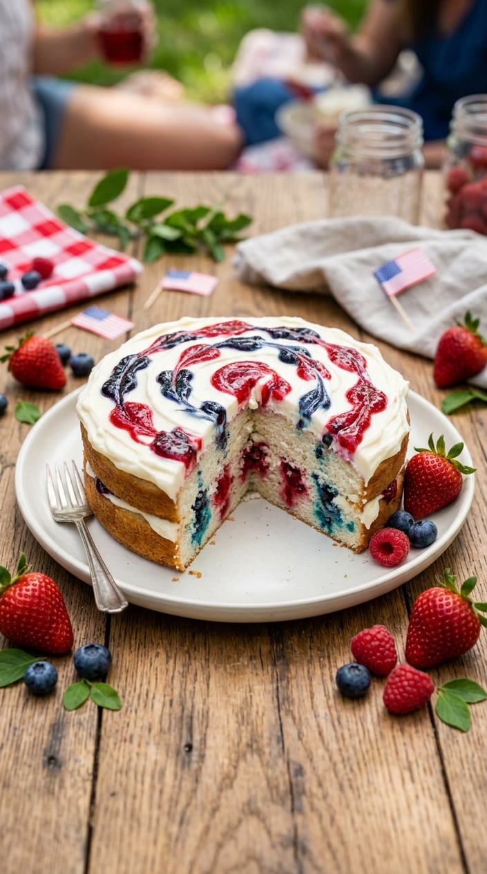 21 Fourth of July Desserts That Look Patriotic Without Going Full Flag Cake 10 A round cake with red and blue berry swirls on white frosting, surrounded by fresh berries on a wooden table.