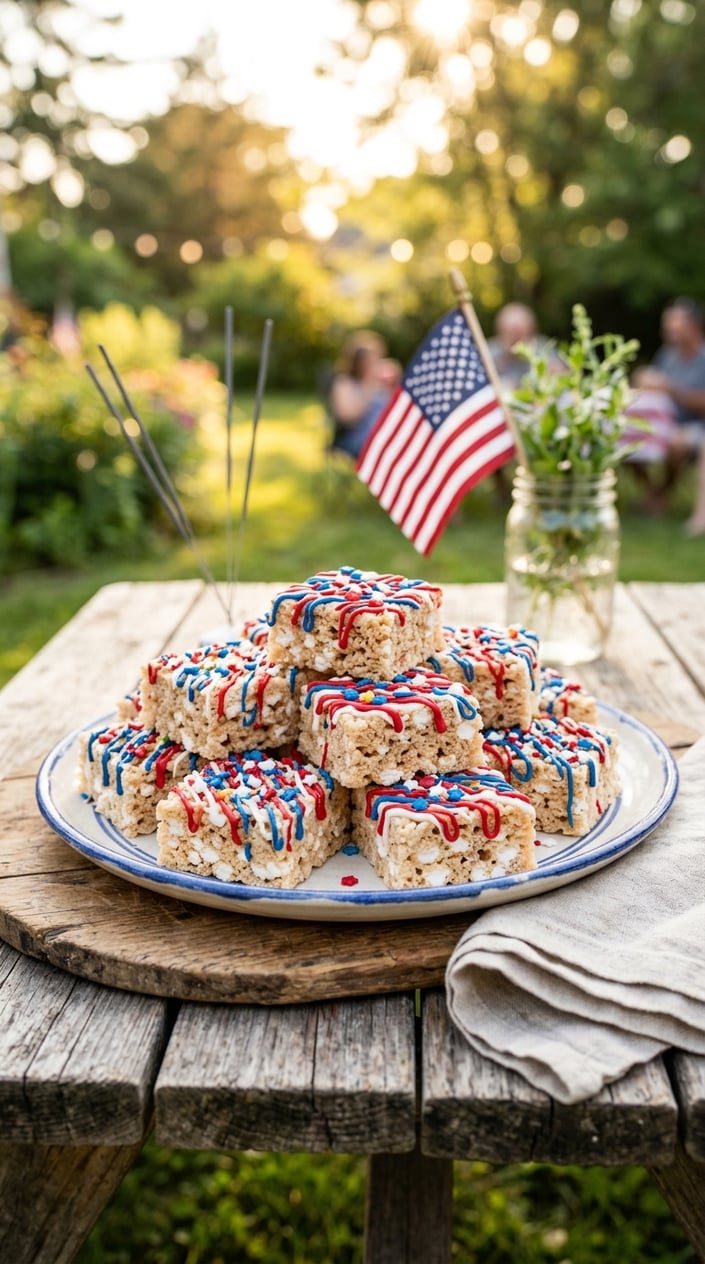 21 Fourth of July Desserts That Look Patriotic Without Going Full Flag Cake 11 A plate of red, white, and blue drizzled Rice Krispie treats on a wooden table with small American flags and sparklers in the background.
