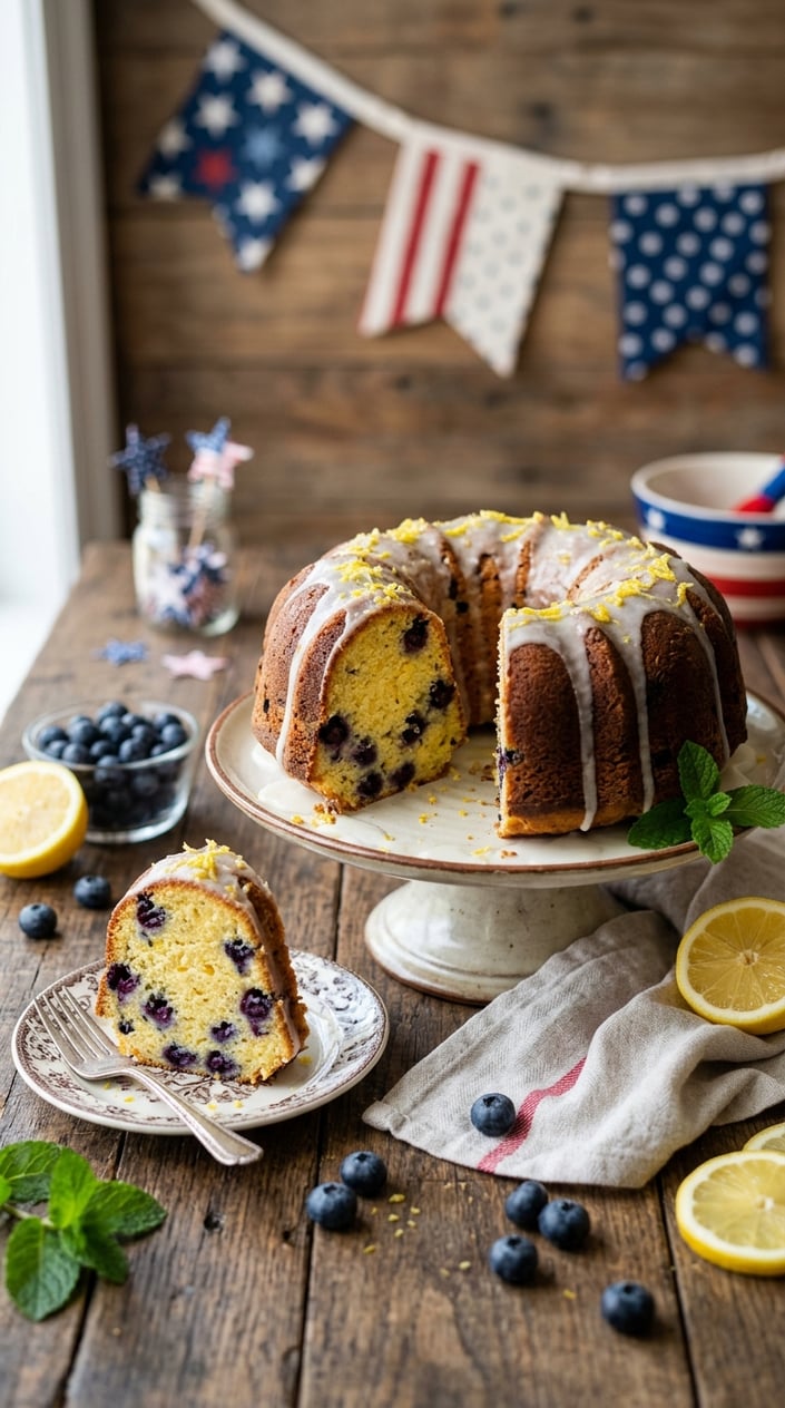 21 Fourth of July Desserts That Look Patriotic Without Going Full Flag Cake 12 A sliced lemon blueberry pound cake on a wooden table with fresh blueberries, lemon halves, and mint leaves, surrounded by subtle red, white, and blue decorations.
