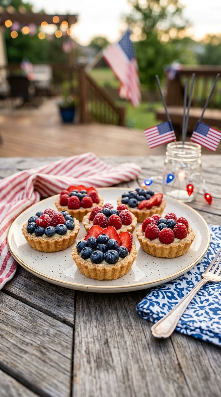 21 Fourth of July Desserts That Look Patriotic Without Going Full Flag Cake 13 Plate of mini berry tarts with almond crust topped with fresh blueberries, raspberries, and strawberries on a wooden table with subtle Fourth of July decorations.