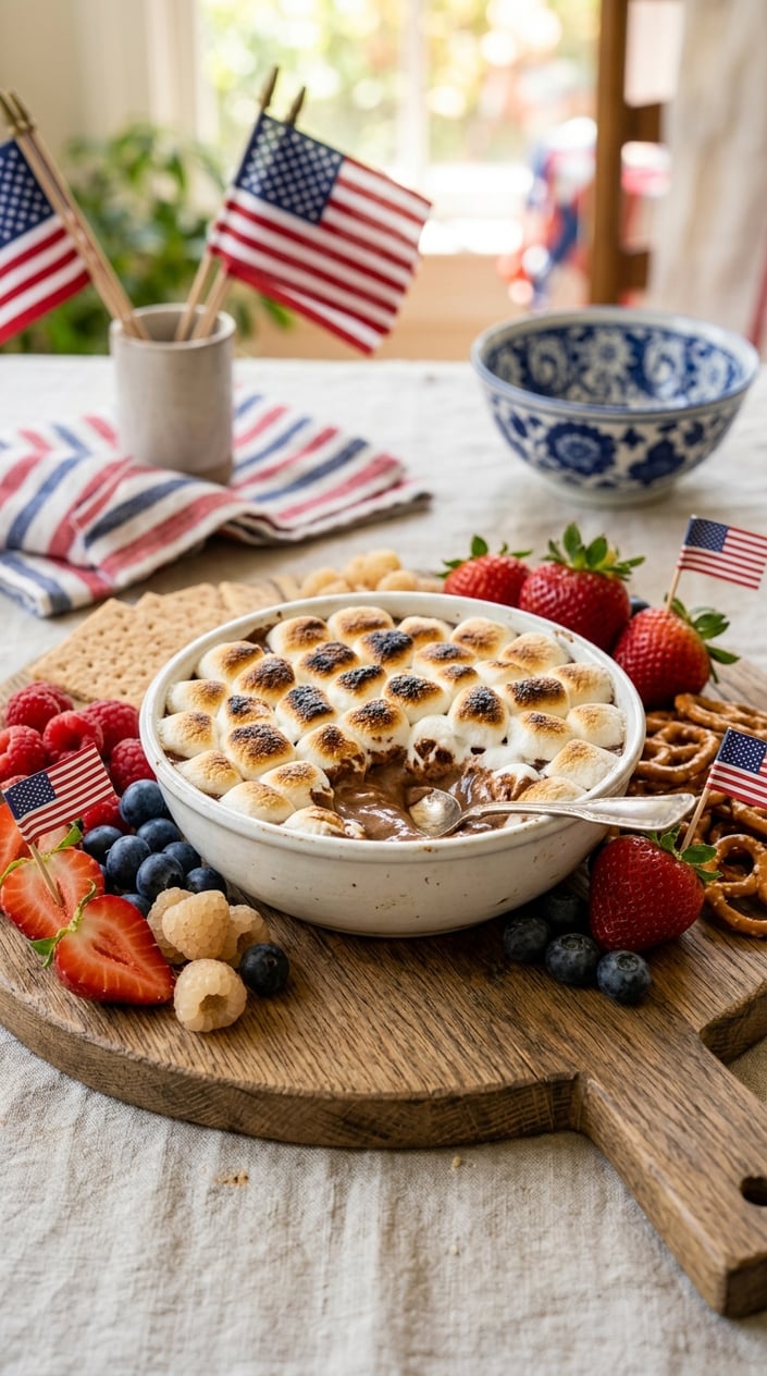 21 Fourth of July Desserts That Look Patriotic Without Going Full Flag Cake 14 A bowl of s'mores dip topped with toasted marshmallows surrounded by fresh strawberries, blueberries, and white raspberries on a wooden board with small American flags nearby.