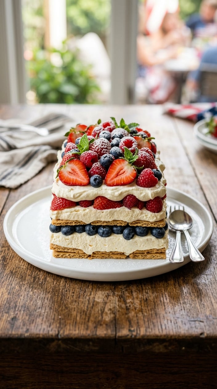 21 Fourth of July Desserts That Look Patriotic Without Going Full Flag Cake 15 A layered icebox cake topped with whipped cream and fresh red and blue berries on a white plate.