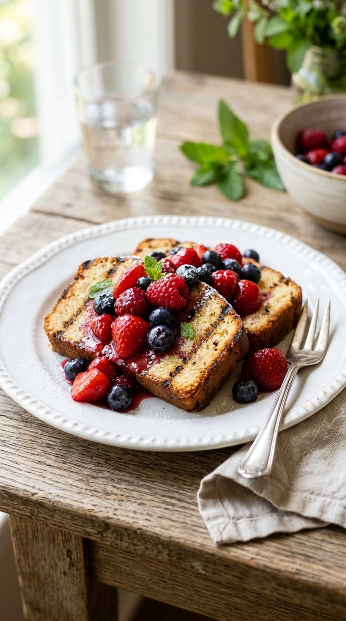 21 Fourth of July Desserts That Look Patriotic Without Going Full Flag Cake 16 Slices of grilled pound cake topped with macerated strawberries, blueberries, and raspberries on a white plate on a wooden table.