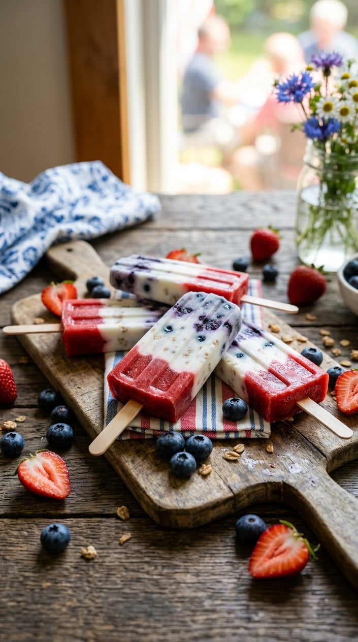 21 Fourth of July Desserts That Look Patriotic Without Going Full Flag Cake 17 Red, white, and blueberry parfait popsicles arranged on a wooden table with fresh berries around them.