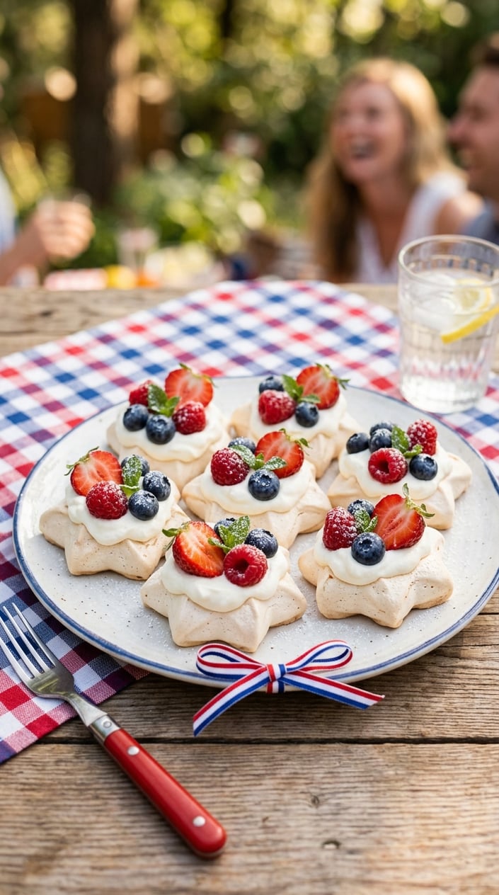 21 Fourth of July Desserts That Look Patriotic Without Going Full Flag Cake 18 A plate of star-shaped mini pavlovas topped with whipped cream and red, white, and blue berries.