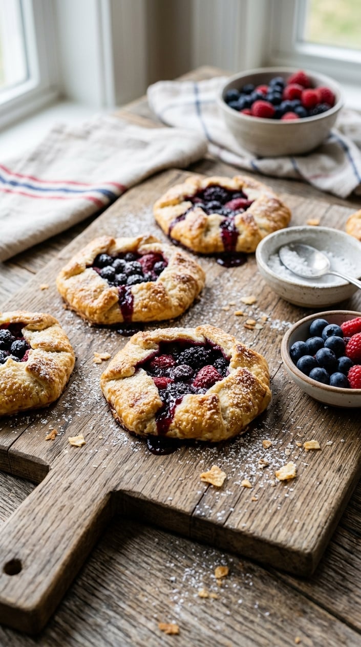 21 Fourth of July Desserts That Look Patriotic Without Going Full Flag Cake 19 Freshly baked mixed berry galette hand pies on a wooden board with fresh berries and powdered sugar.