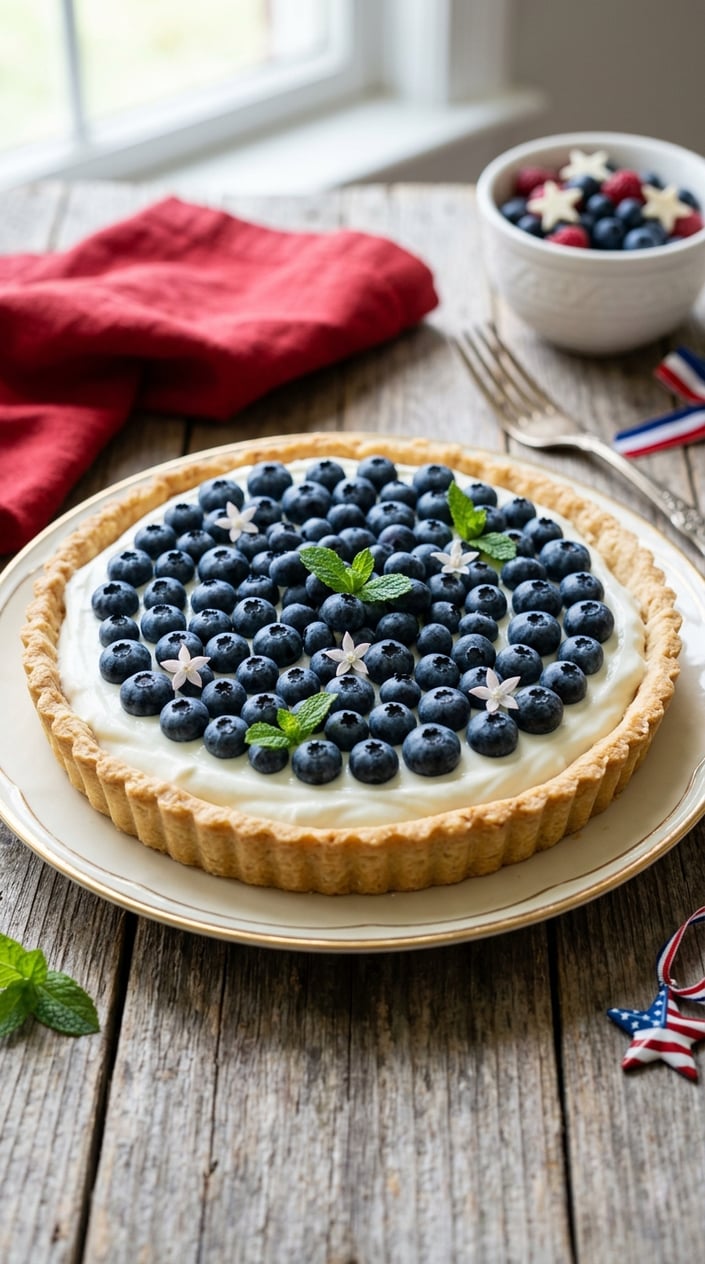 21 Fourth of July Desserts That Look Patriotic Without Going Full Flag Cake 20 A blueberry Greek yogurt tart on a wooden table, topped with fresh blueberries and a golden crust.