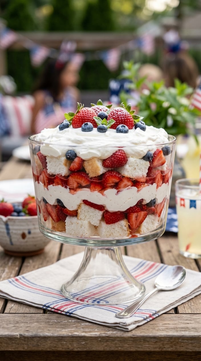 21 Fourth of July Desserts That Look Patriotic Without Going Full Flag Cake 21 A layered dessert of angel food cake, strawberries, and whipped cream in a clear glass bowl with patriotic decorations in the background.
