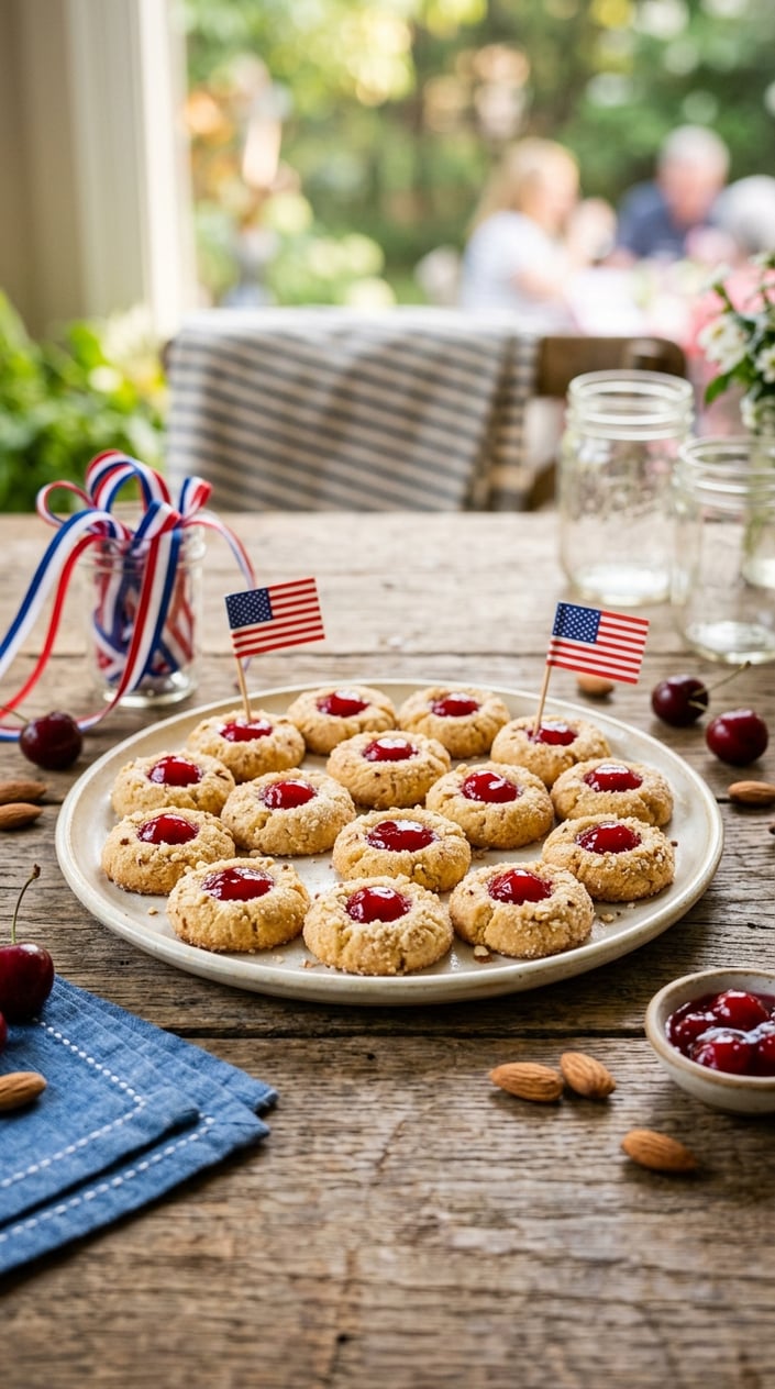 21 Fourth of July Desserts That Look Patriotic Without Going Full Flag Cake 22 A plate of cherry-almond thumbprint cookies with red jam centers on a wooden table, surrounded by small patriotic decorations.