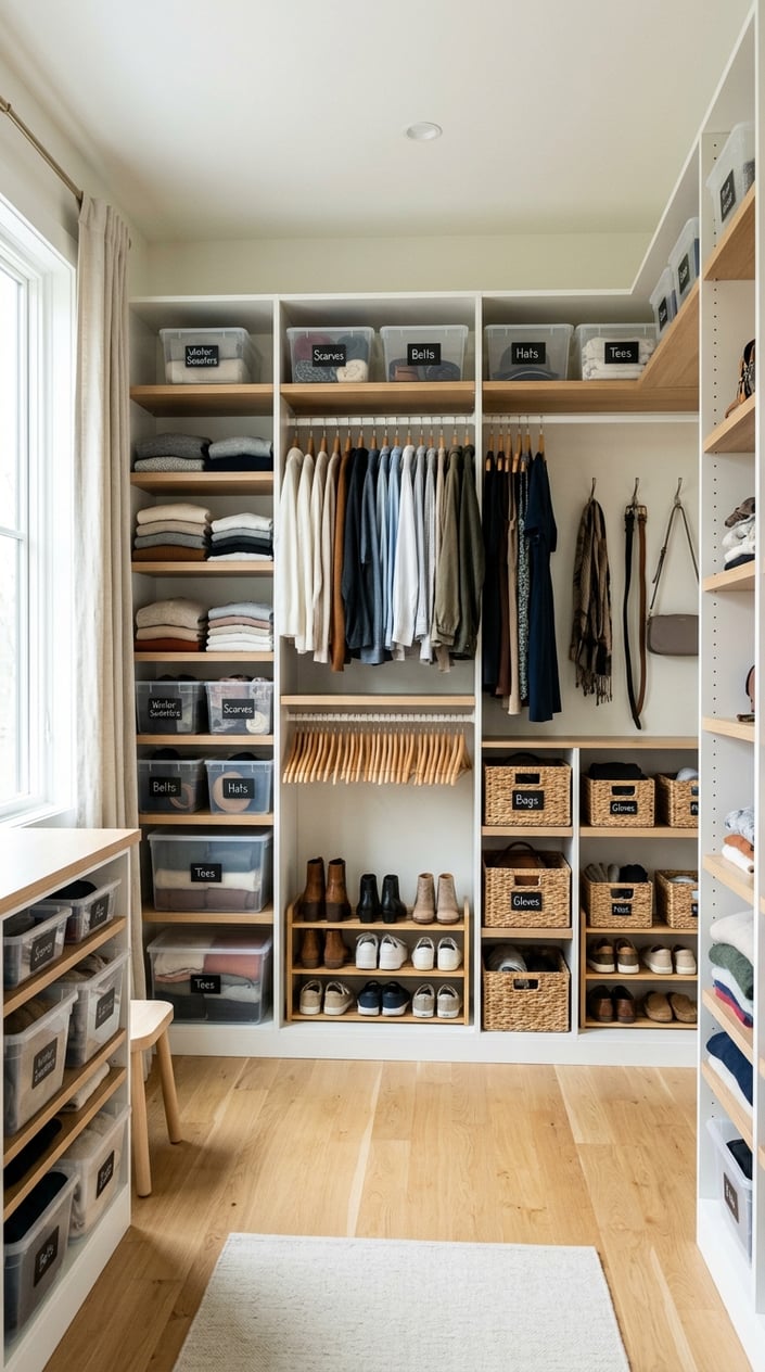 A tidy walk-in closet with shelves, hanging clothes, clear bins, shoe racks, and baskets, all neatly organized and well lit.