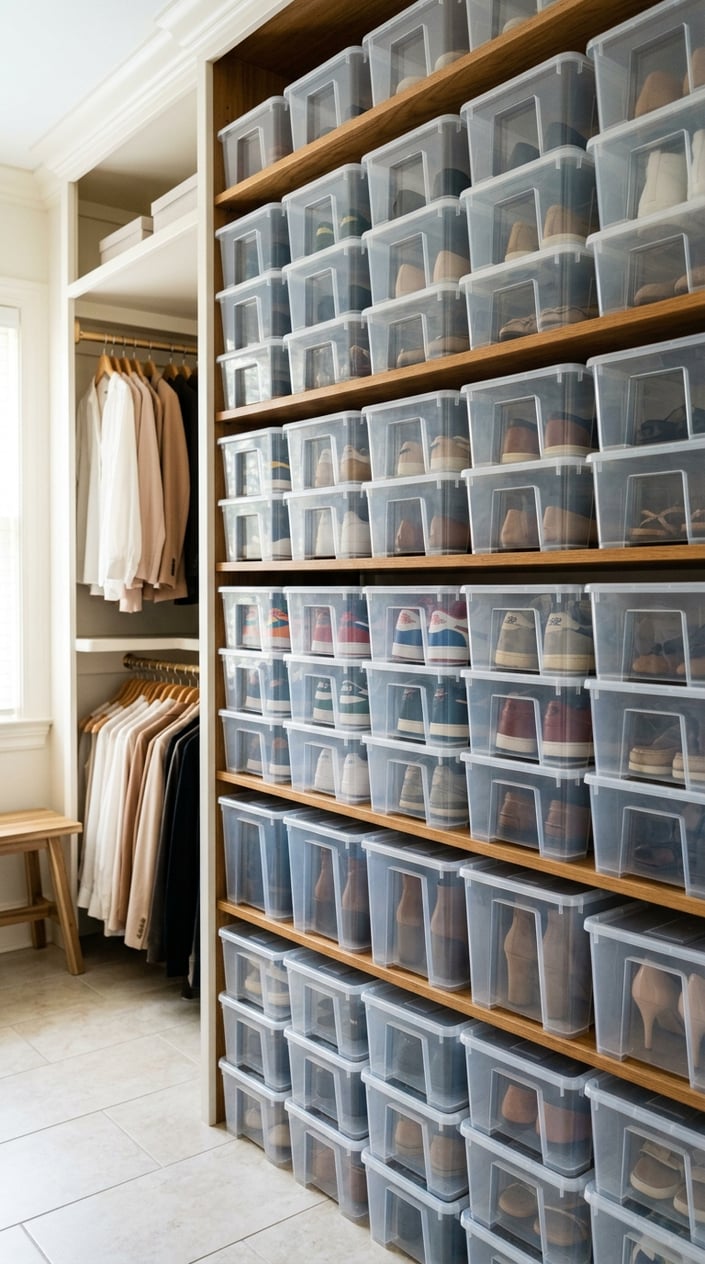 Closet shelves filled with clear plastic shoe boxes neatly storing shoes in an organized manner.