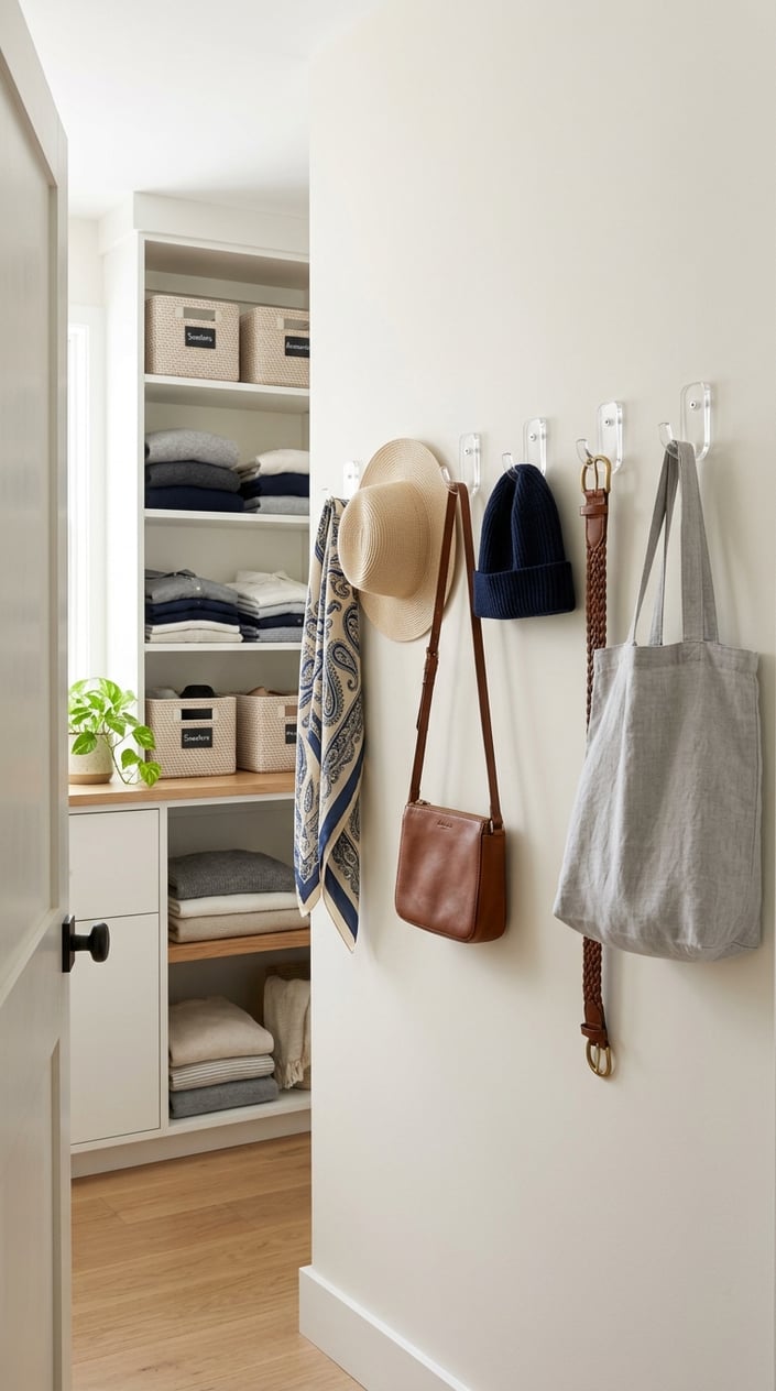 A tidy closet with clear medium hooks holding clothes and accessories, shelves with folded clothes in the background.