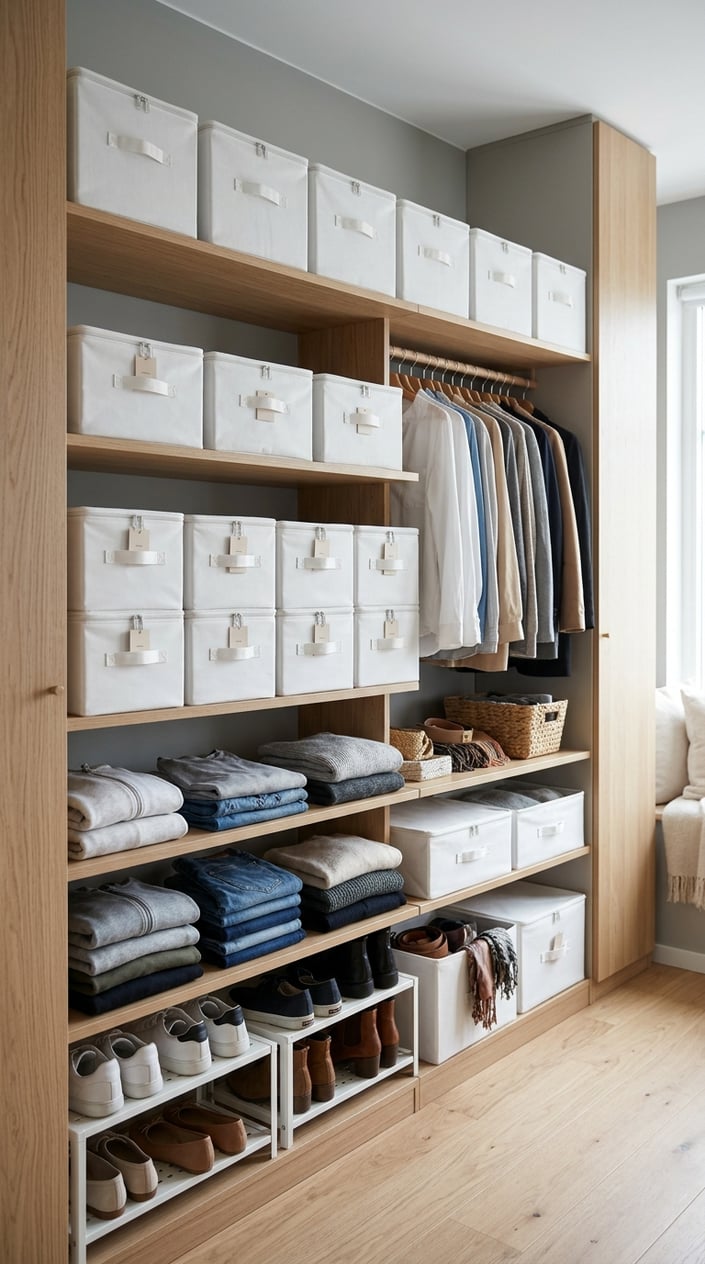 A neatly organized closet with white fabric storage boxes, folded clothes, and shoes arranged on wooden shelves.