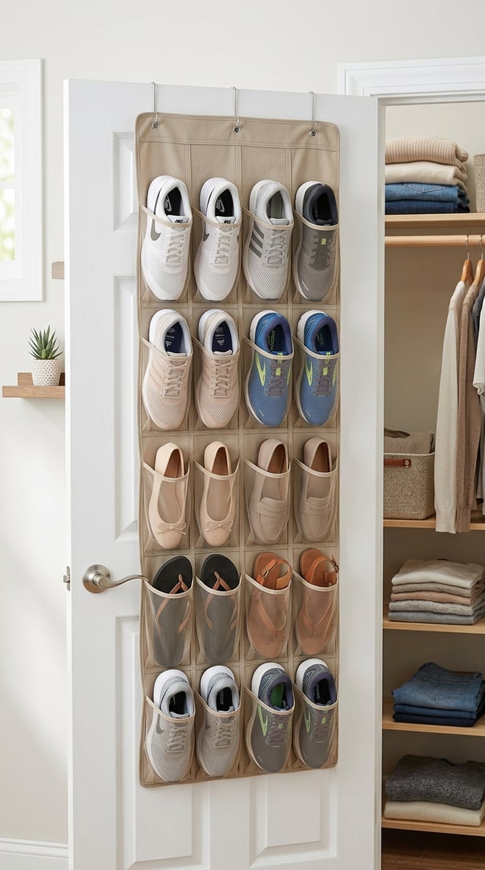 An over-the-door 12-pocket shoe organizer hanging on a white door filled with various shoes in a tidy closet space.