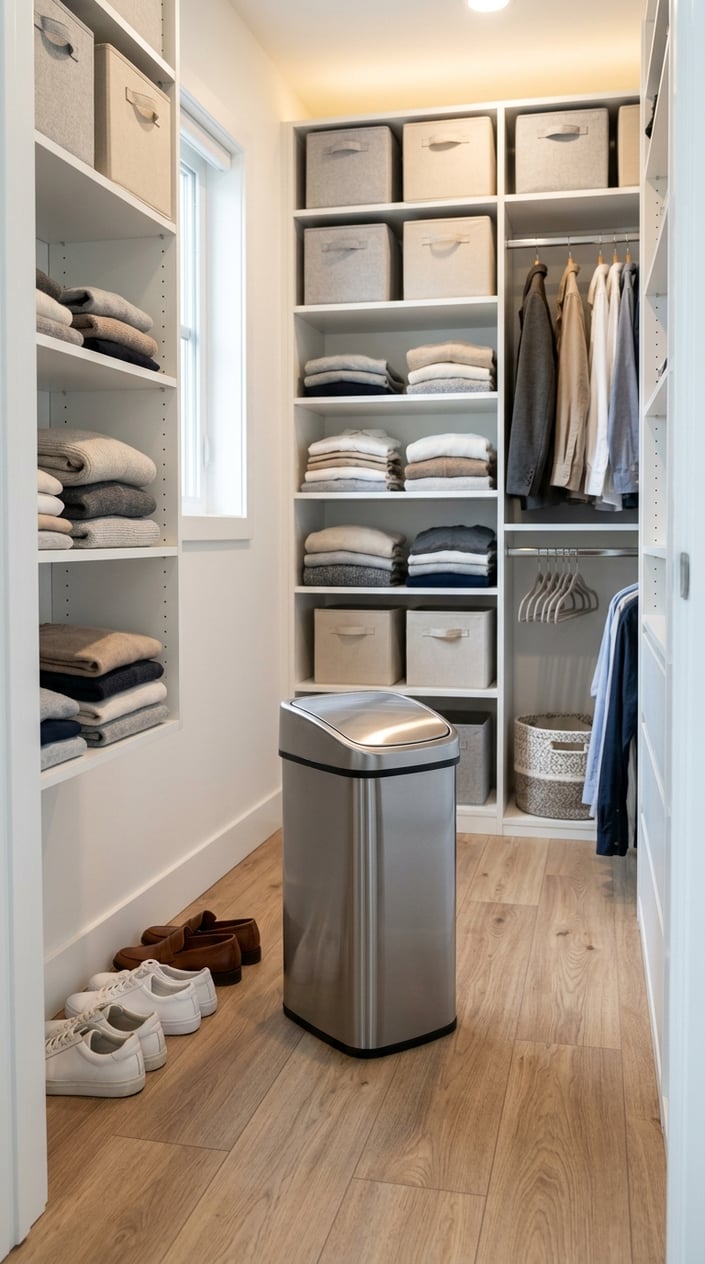 A slim swing trash can placed on the floor inside a neat and organized closet with shelves holding folded clothes and shoes.