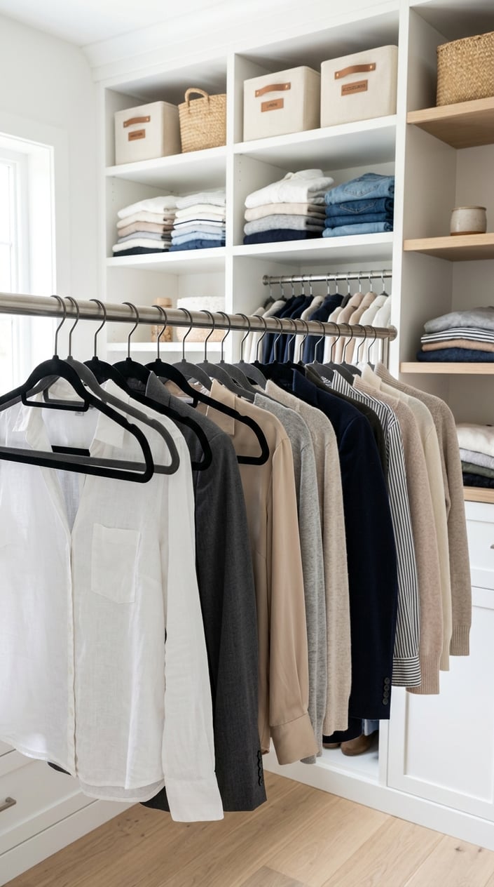 A closet with velvet non-slip hangers holding neatly arranged clothes on a metal rod above organized shelves.