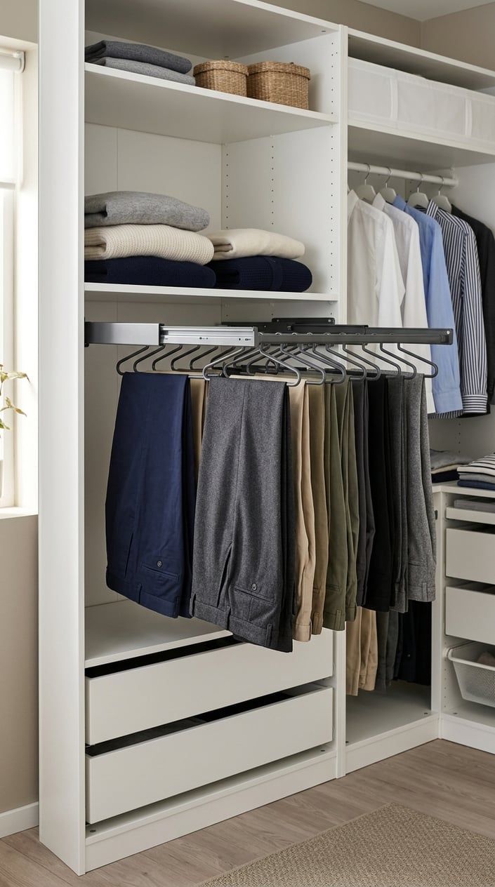 An open closet with an Ikea pull-out trouser hanger holding neatly hung trousers and organized clothing on shelves.