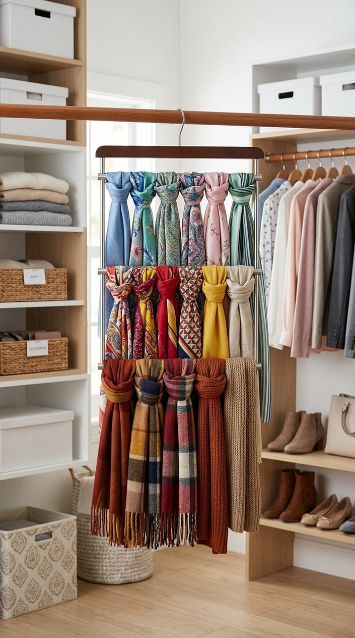 A closet with a 3-tier hanger holding multiple colorful scarves neatly arranged.
