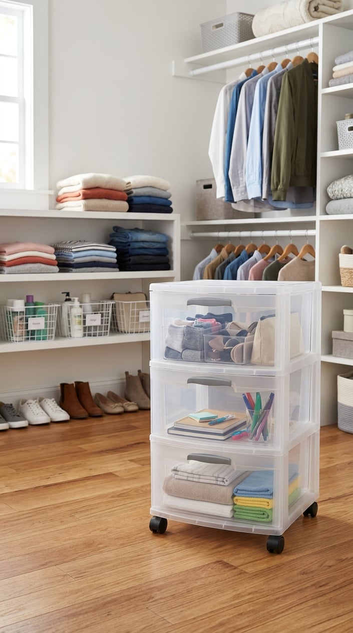 A clear 3-drawer plastic storage cart on wheels inside a well-organized closet with shelves holding clothes and shoes.