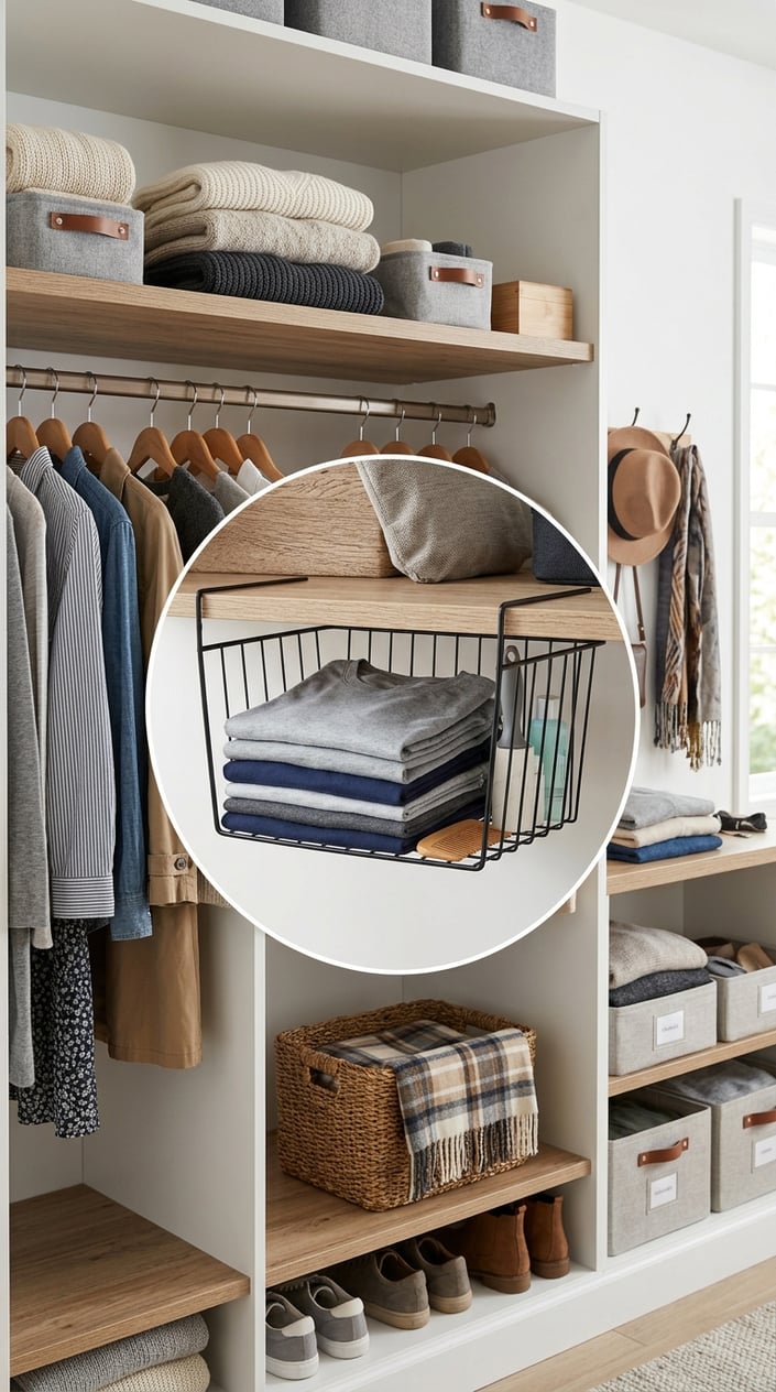 A closet with a mounted under-shelf basket filled with folded clothes and storage items, surrounded by hanging clothes and shelves with neatly organized belongings.