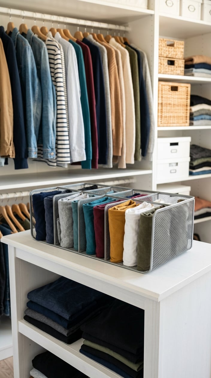 Closet shelf with an Ikea VARIERA shelf insert holding neatly folded t-shirts in organized compartments.