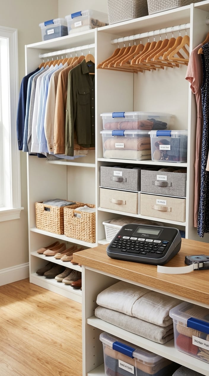 A neatly organized closet with shelves, bins, and baskets, and a label maker on a wooden surface nearby.