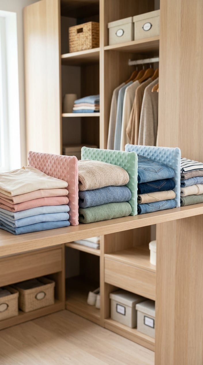 Closet shelf with neatly folded clothes separated by soft padded shelf dividers in a clean, organized closet.