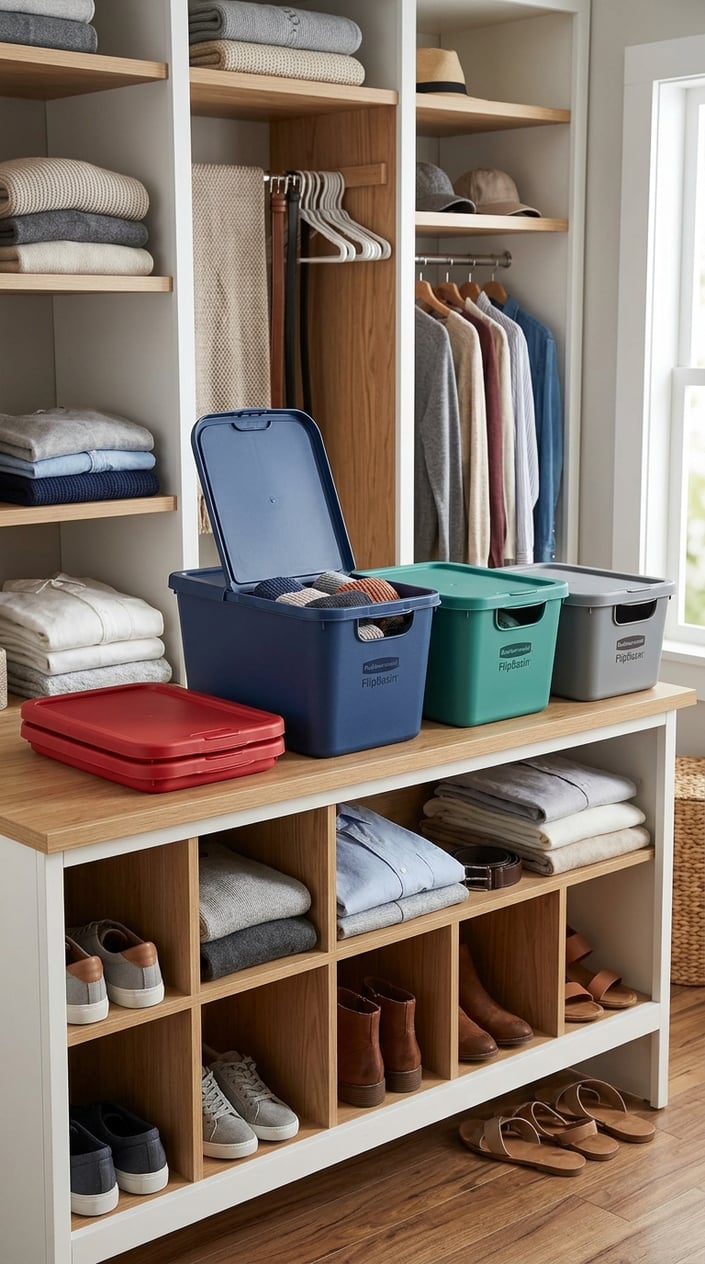 Closet interior with neatly arranged collapsible storage bins and organized shelves holding clothes and shoes.